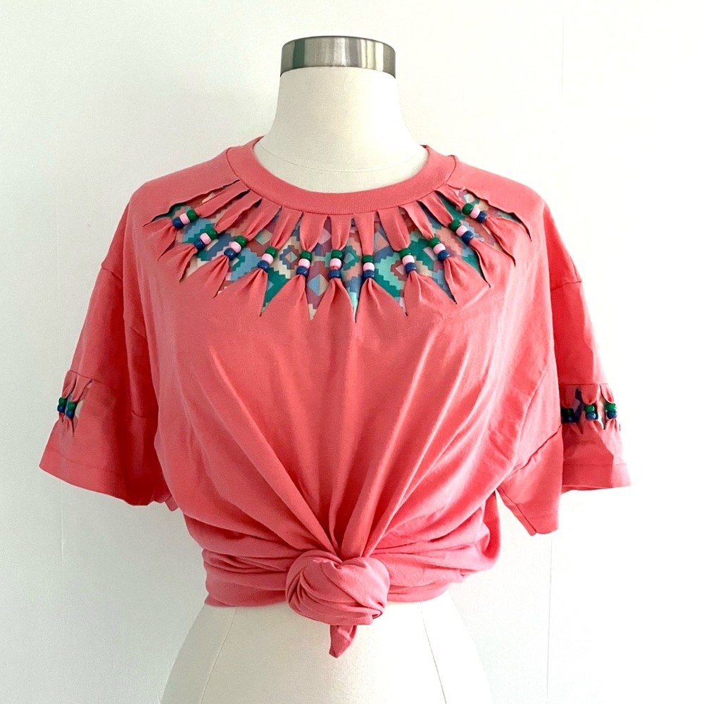 Vintage 80’s peach southwestern beaded single stitch t-shirt tee top shirt